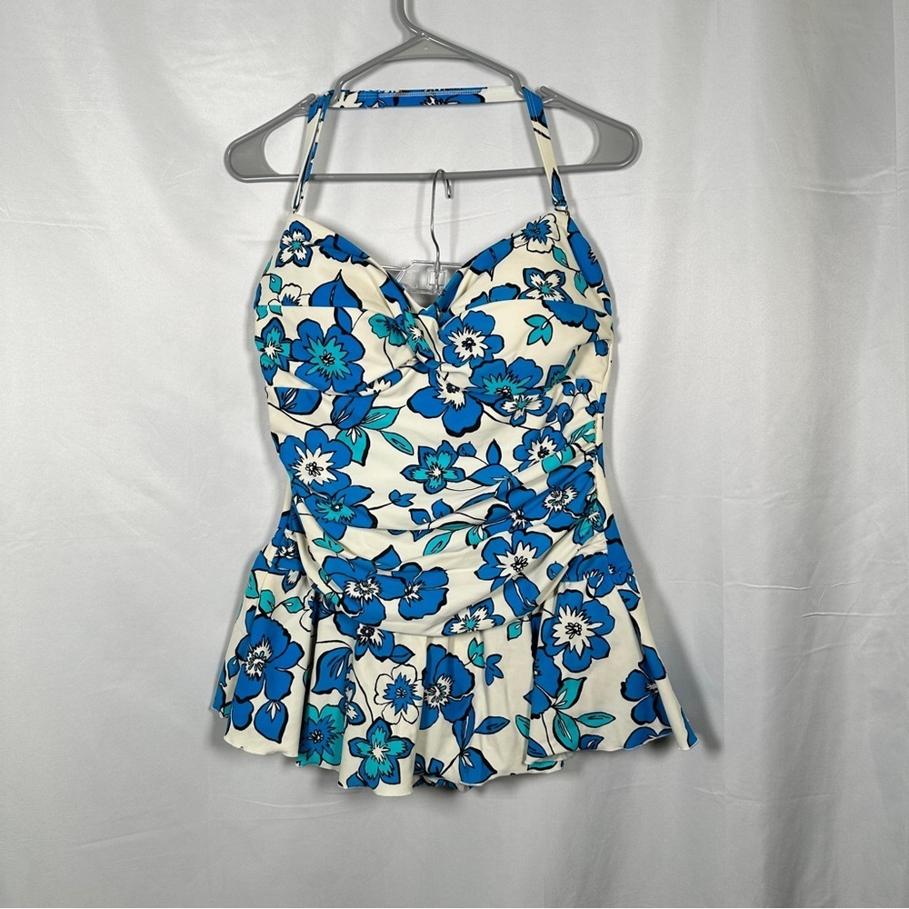 Always For Me Plus Size Halter Ruched Floral Retro Swimdress 16W Blue Vacation - Picture 3 of 12